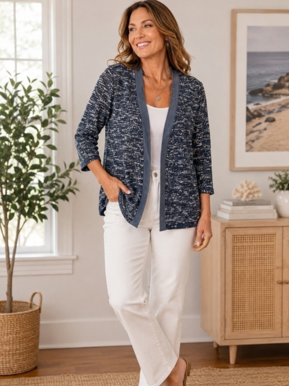 Chico’s Weekends Size 3 Navy Marled Open Front Cardigan
